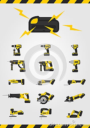 Cordless power tools with battery on white background Vector Illustration