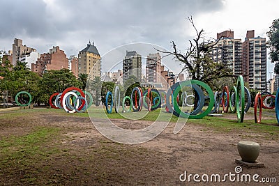 Bicentenary Square Plaza del Bicententario with rings telling the history of Argentina - Cordoba, Argentina Editorial Stock Photo