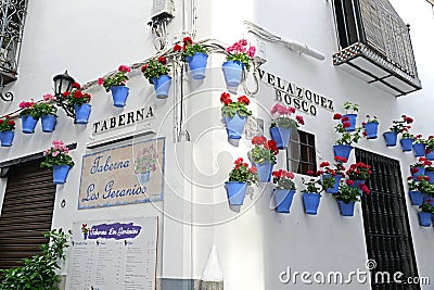CORDOBA, SPAIN - 5 MAY, 2017: Flowers in flowerpot on the white walls on famous Flower street Calleja de las Flores in old Jewish Editorial Stock Photo