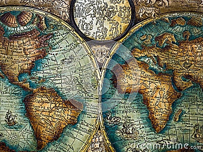 Cordoban leatherwork style. Antique world map Editorial Stock Photo