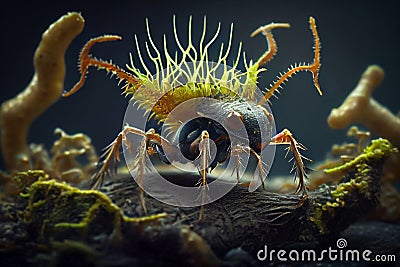 Cordyceps parasitic fungus growing on an ant, 3D illustration Cartoon Illustration