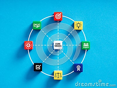 Core business values concept. Colorful cubes with business aspects and values symbols Stock Photo