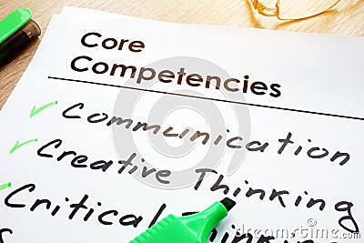 Core Competencies list on a table. Stock Photo