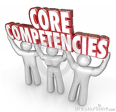 Core Competencies 3 People Lift Words Competitive Advantage Unique Skills Stock Photo