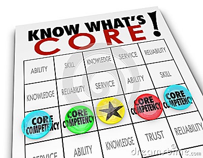 Core Competency Bingo Card Chips Win Unique Competitive Advantage Edge Stock Photo