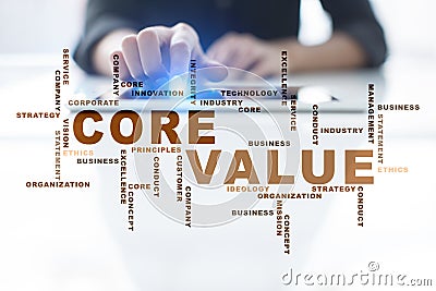 Core value on the virtual screen. Business concept. Words cloud. Stock Photo