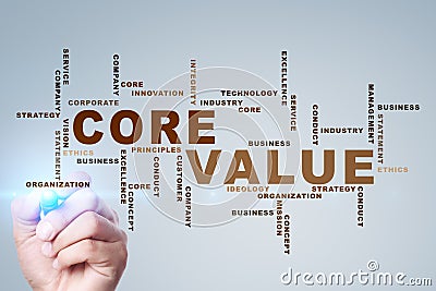 Core value on the virtual screen. Business concept. Words cloud. Stock Photo