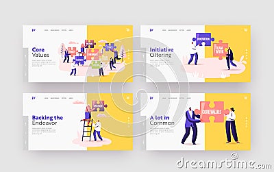 Core Values Landing Page Template Set. Tiny Businesspeople Characters Holding Huge Puzzle with Basic Business Principles Stock Photo