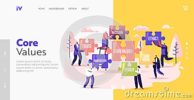 Core Values Landing Page Template. Tiny Businesspeople Characters Holding Huge Puzzle with Basic Business Principles Stock Photo