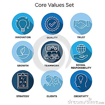 Core Values - Mission, integrity value icon set with vision, hon Vector Illustration