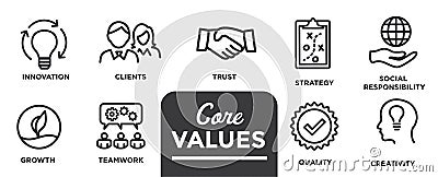 Core Values - Mission, integrity value icon set with vision, hon Vector Illustration