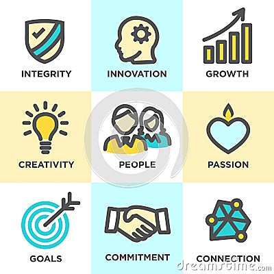 Core Values Outline Icons Yellow Blue Vector Illustration
