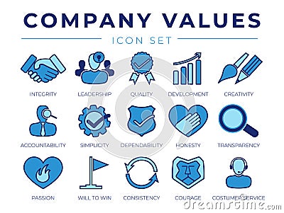 Core Values Retro Icon Set. Integrity, Leadership, Quality and Development, Creativity, Accountability, Simplicity, Dependability Vector Illustration
