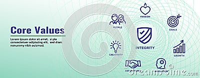 Core Values Web Header Banner image with Integrity, Mission, etc Icon Set Vector Illustration