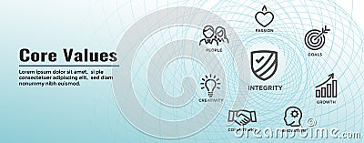 Core Values Web Header Banner image with Integrity, Mission, etc Icon Set Vector Illustration