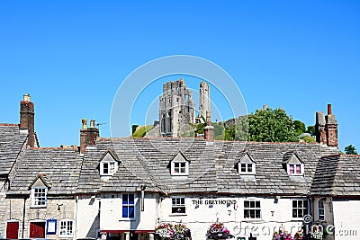 Corfe castle and Greyhound Pub. Editorial Stock Photo
