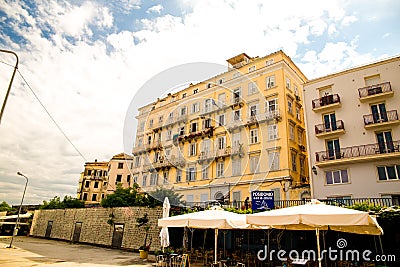 Corfu city port and houses view from ship greece Editorial Stock Photo