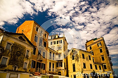 Corfu city port and houses view from ship greece Editorial Stock Photo