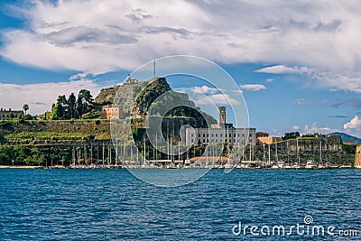 Corfu cityscape with sea and ancient Venetian stone fortress Editorial Stock Photo