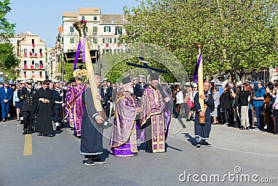CORFU, GREECE - APRIL 7, 2018: Epitaph and litany of St. Spyridon with the accompaniment of philharmonics on Holy Saturday Editorial Stock Photo