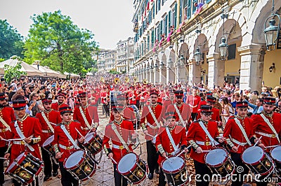 Philharmonic musicians playing in Corfu Easter holiday celebrations among crowd, Ionian, Greece Editorial Stock Photo