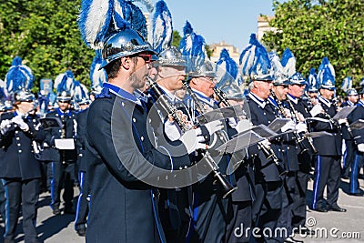 CORFU, GREECE - APRIL 30, 2016: Philharmonic musicians playing in Corfu Easter holiday celebrations. Editorial Stock Photo