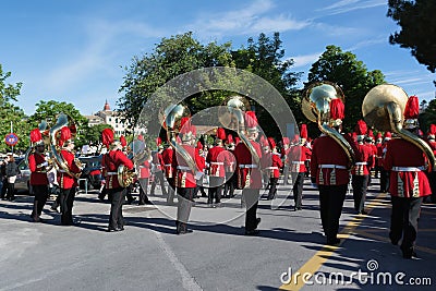 CORFU, GREECE - APRIL 30, 2016: Philharmonic musicians playing in Corfu Easter holiday celebrations. Editorial Stock Photo