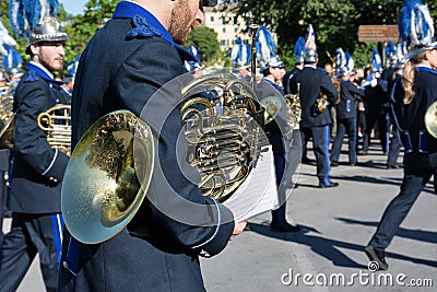 CORFU, GREECE - APRIL 30, 2016: Philharmonic musicians playing in Corfu Easter holiday celebrations. Editorial Stock Photo