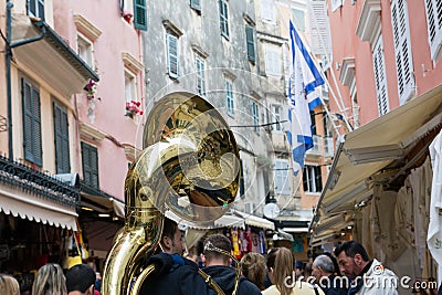CORFU, GREECE - APRIL 29, 2016: Philharmonic musicians playing in Corfu Easter holiday celebrations. Editorial Stock Photo