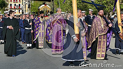 CORFU, GREECE - APRIL 7, 2018: Procession with the relics of the patron saint of Corfu, Saint Spyridon. Litany of St. Spyridon. Editorial Stock Photo