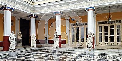 Statues on terrace of the Achilleion princess Sissy`s palace in Corfu, Greece Editorial Stock Photo