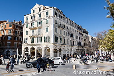 CORFU, GREECE - MARCH 4, 2017: The Spianada square of Corfu town, Greece. Main pedestrian street Liston. Editorial Stock Photo