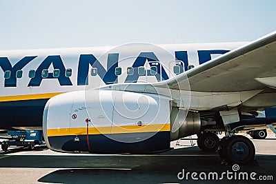 Corfu, Greece - September 2021. Boeing 737 of Ryanair arrival to Kerkyra in airport. Irish low-cost airline. Details of Editorial Stock Photo