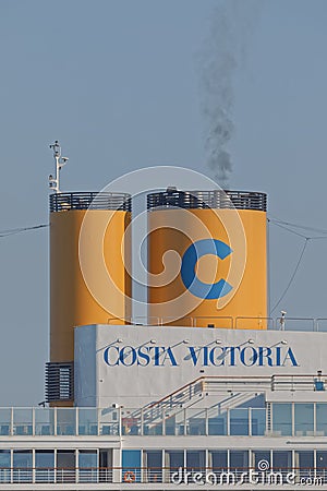 Chimney detail Costa Victoria cruiser anchored in the port of Corfu Greece Editorial Stock Photo