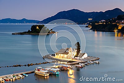 Corfu Greece Vlachernon Vlacherna church blue hour Kanoni island Stock Photo