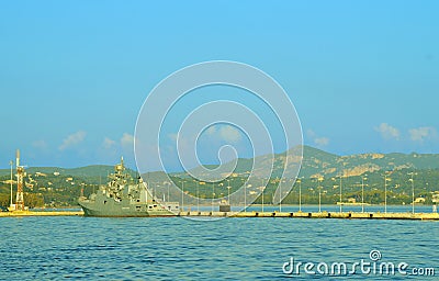 Corfu harbour EU Naval Force flagship, FS Siroco Stock Photo