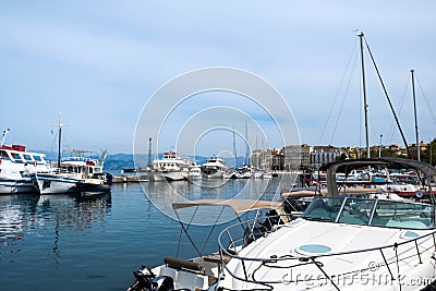 Beautiful view of Corfu harbour marina, the port close to corfu Old Town. Corfu island, Greece Editorial Stock Photo