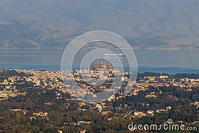 Corfu island view from Kaiser's Throne observation deck lookout, Pelekas village, Greece, Kaiser William II summit Stock Photo