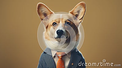 A corgi in a business suit stands on a beige Stock Photo