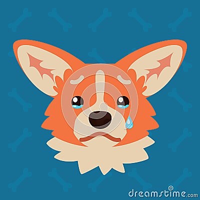 Corgi dog emotional head. Vector illustration of cute dog in flat style shows sad emotion. Crying emoji. Smiley icon Vector Illustration