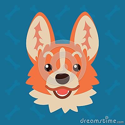 Corgi dog emotional head. Vector illustration of cute dog in flat style shows surprised emotion. Excited emoji. Smiley Vector Illustration