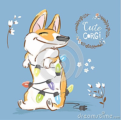 Corgi Dog Play Christmas Garland Vector Poster. Happy Fox Pet Character New Year Illustration Series with Flower. Little Vector Illustration