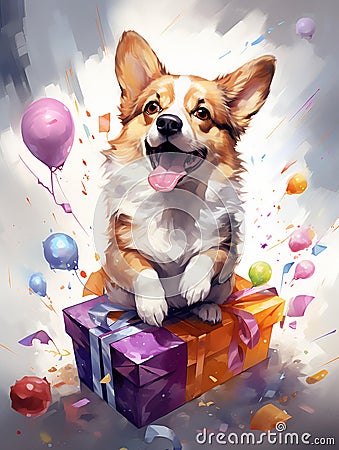 Corgi dog play with colorful gift box. AI Generate Stock Photo