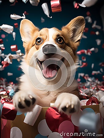 Corgi dog play with colorful gift box. AI Generate Stock Photo
