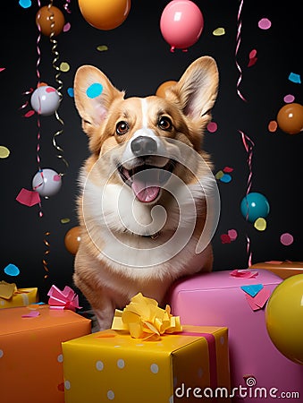 Corgi dog play with colorful gift box. AI Generate Stock Photo