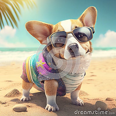 Corgi dog summer attire costume. Summer pembroke weilsh corgi cute dog wearing sunglasses Stock Photo