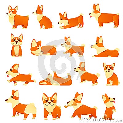 Corgi dogs icons set, cartoon style Vector Illustration