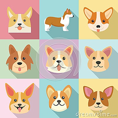 Corgi dogs icons set, flat style Vector Illustration