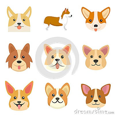 Corgi dogs icons set flat vector isolated Vector Illustration