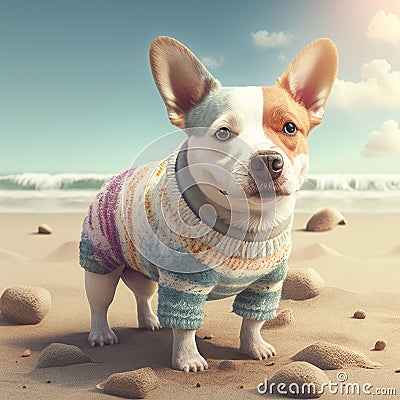 Corgi mix breed dog in beach attire. Summer corgi bulldog mix breed canine dog Stock Photo